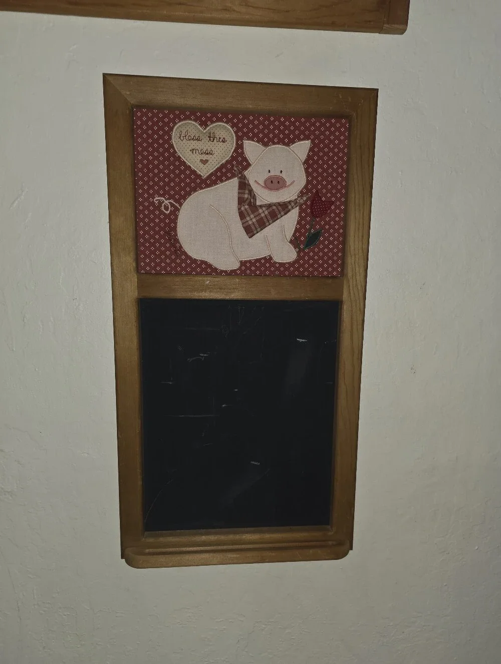 Vintage 1980s Wall Mounted Wooden Chalkboard Floral Fabric Pig Design